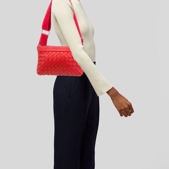 Bottega Veneta Intrecciato Leather Messenger Duo Bag- Red - Picture 2 of 10